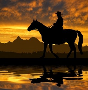 Silhouette cowboy with horse in the sunset